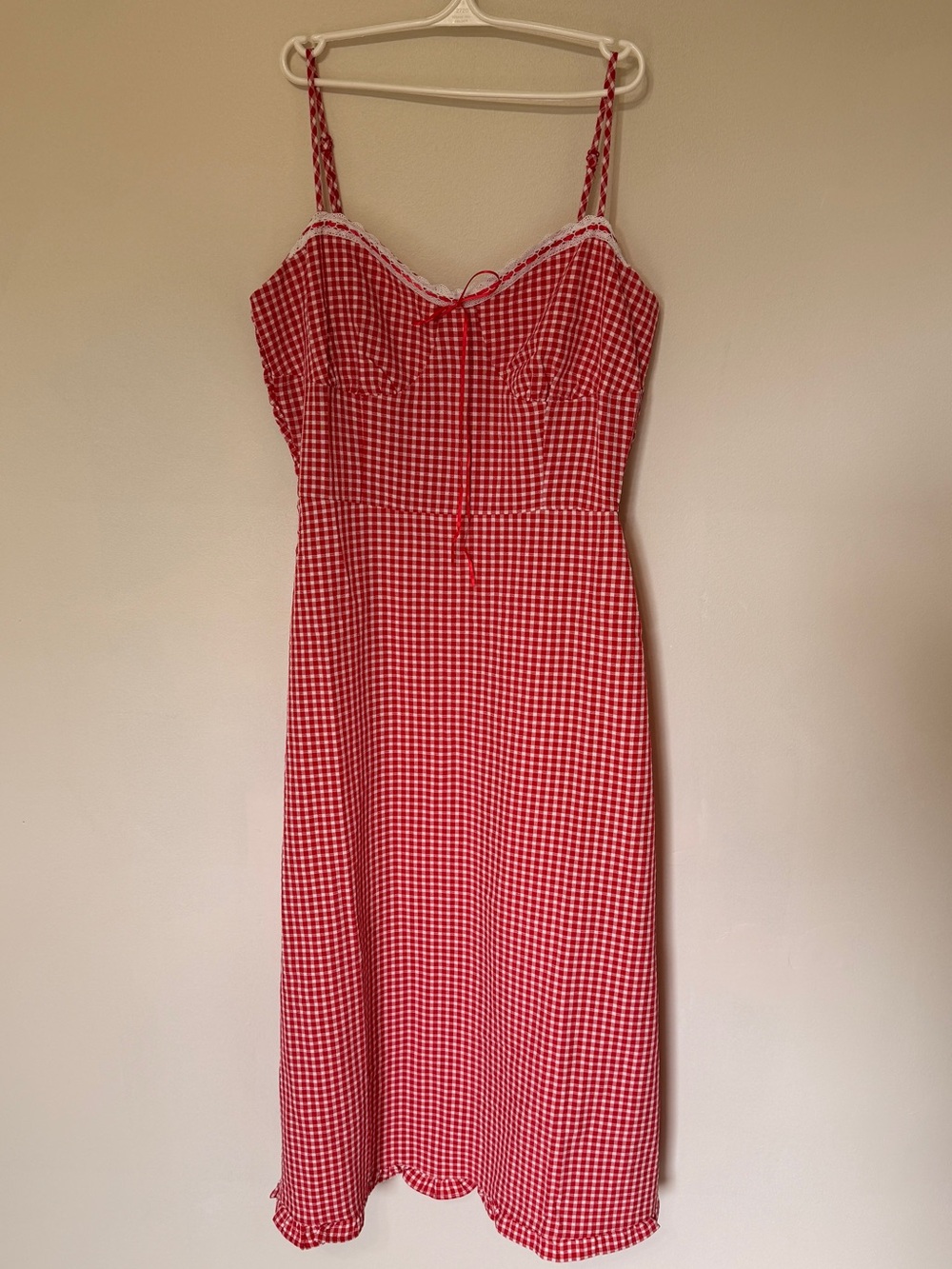 Red Gingham A-Line Midi Dress Smocked Back Ruffle Hem Cottagecore Linen Lace Bow